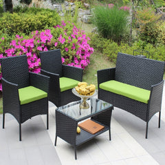 4PC Rattan Patio Furniture Set Outdoor Wicker Sofa W Green Cushions