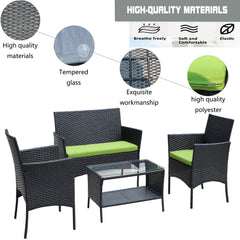 4PC Rattan Patio Furniture Set Outdoor Wicker Sofa W Green Cushions